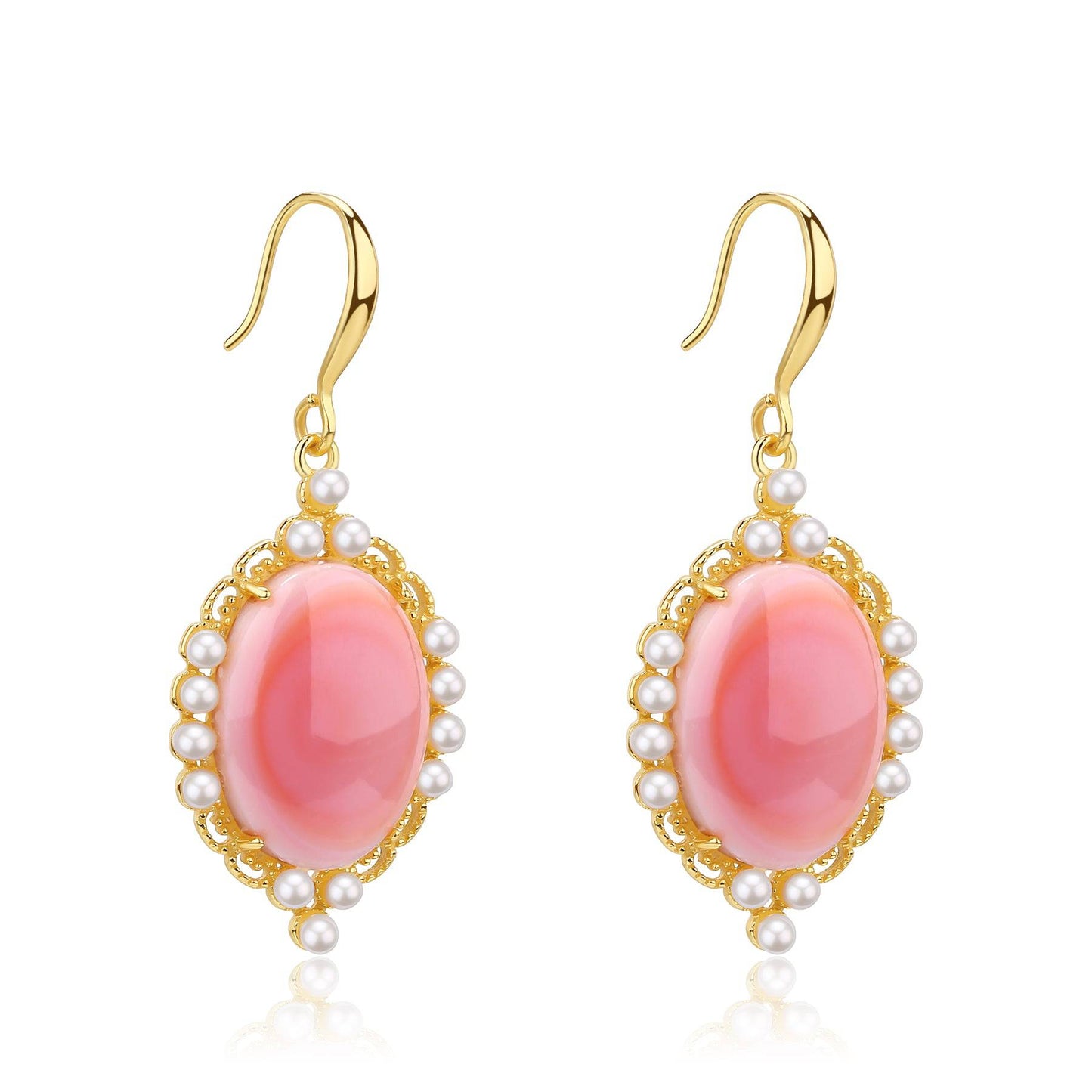 Oval Pink Queen Conch Shell Pearl Earrings in Gold Vermeil