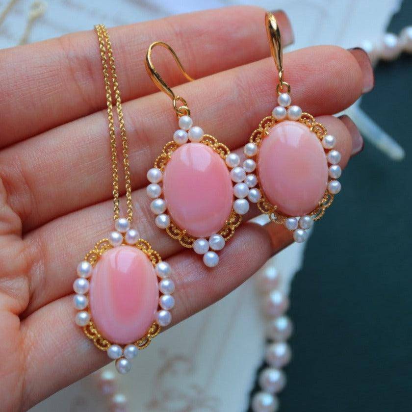 Oval Pink Queen Conch Shell Pearl Earrings in Gold Vermeil