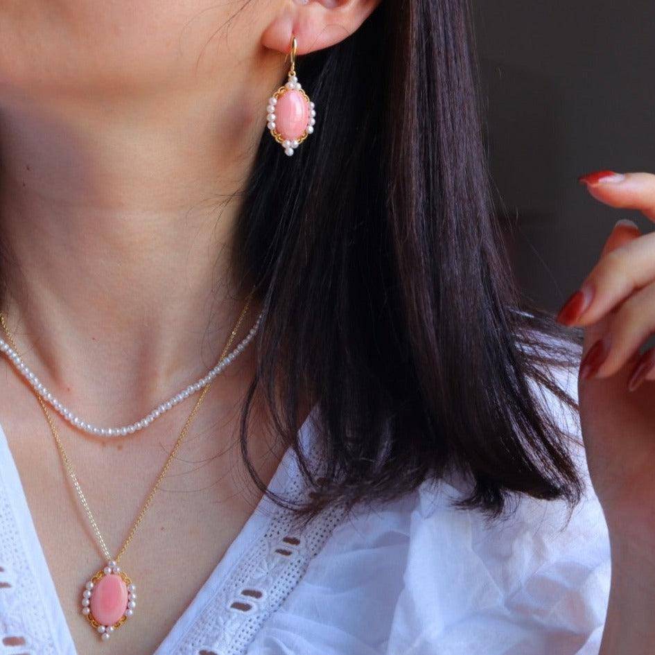 Oval Pink Queen Conch Shell Pearl Earrings in Gold Vermeil