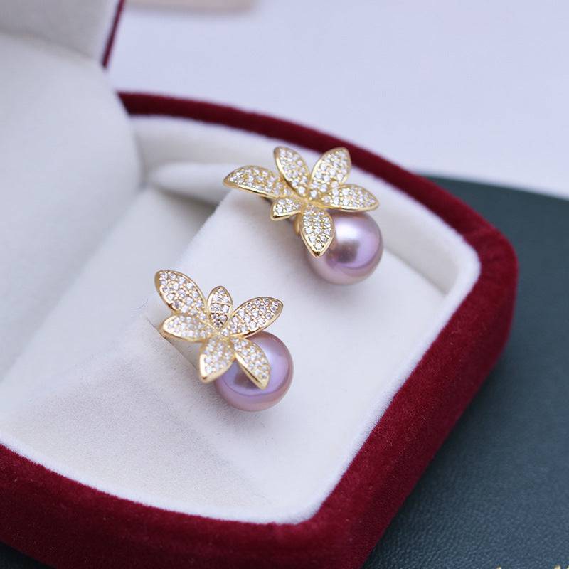 Purple Freshwater Pearl Floral Stud Earrings Set