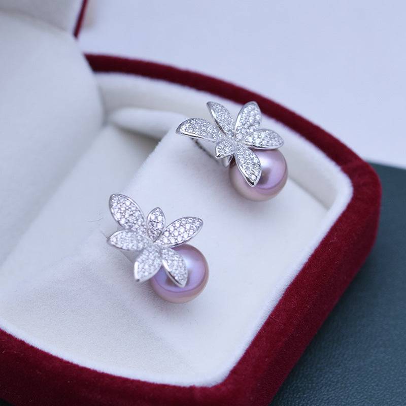 Purple Freshwater Pearl Floral Stud Earrings Set