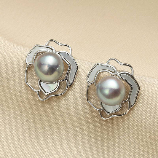 Silver Earrings with Rose and Blue Seawater Pearls