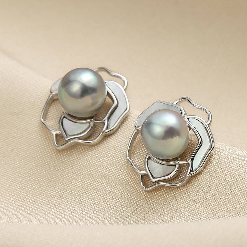 Silver Earrings with Rose and Blue Seawater Pearls