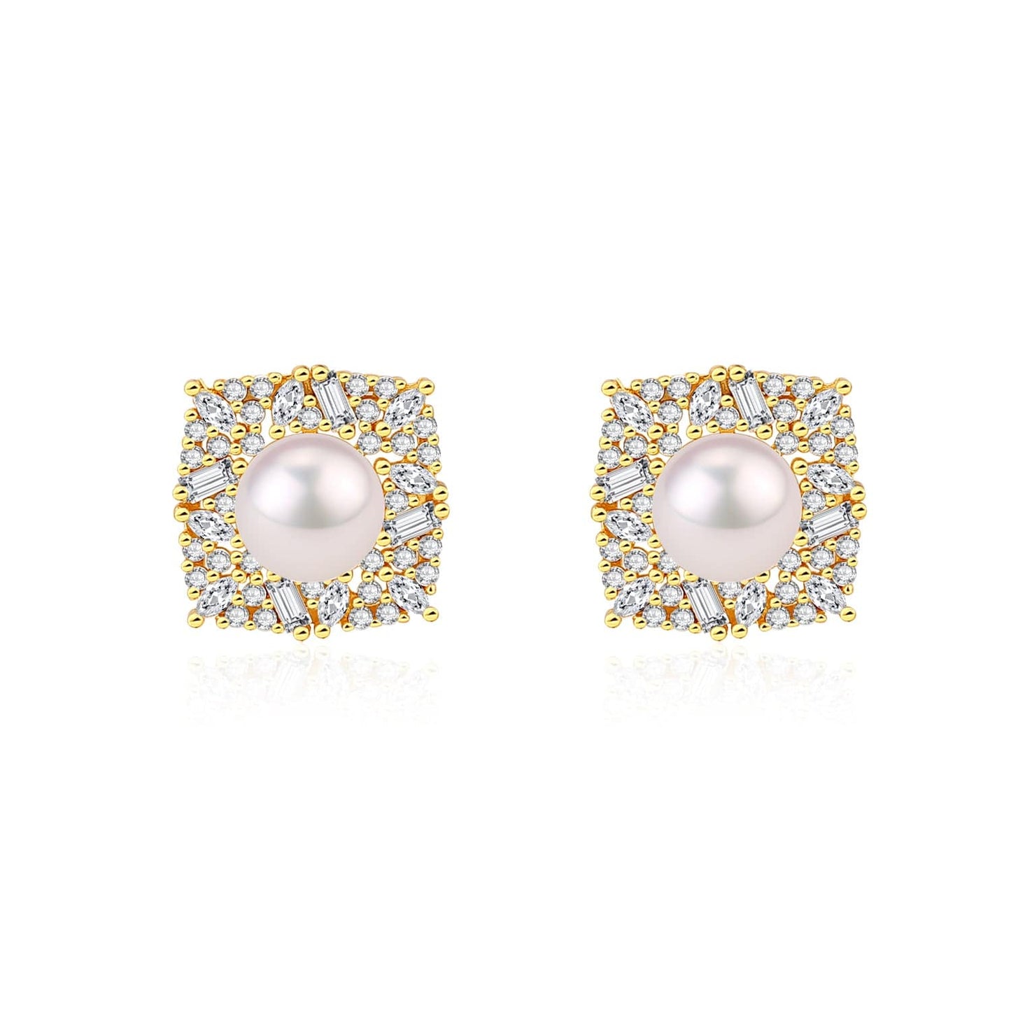 Square CZ Pendant White Freshwater Pearl Earrings