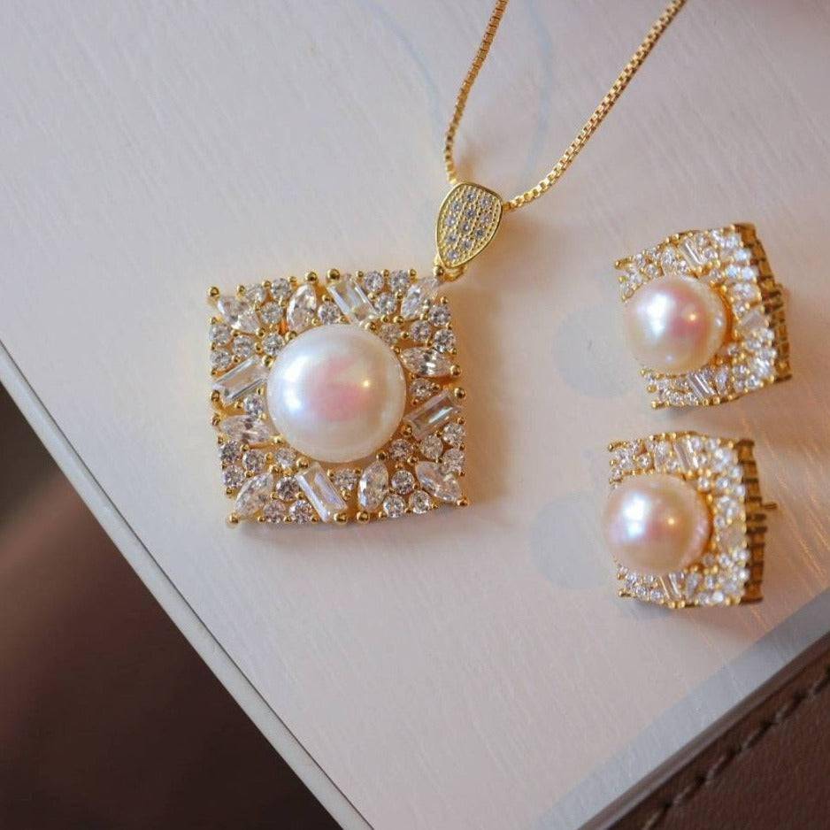 Square CZ Pendant White Freshwater Pearl Earrings