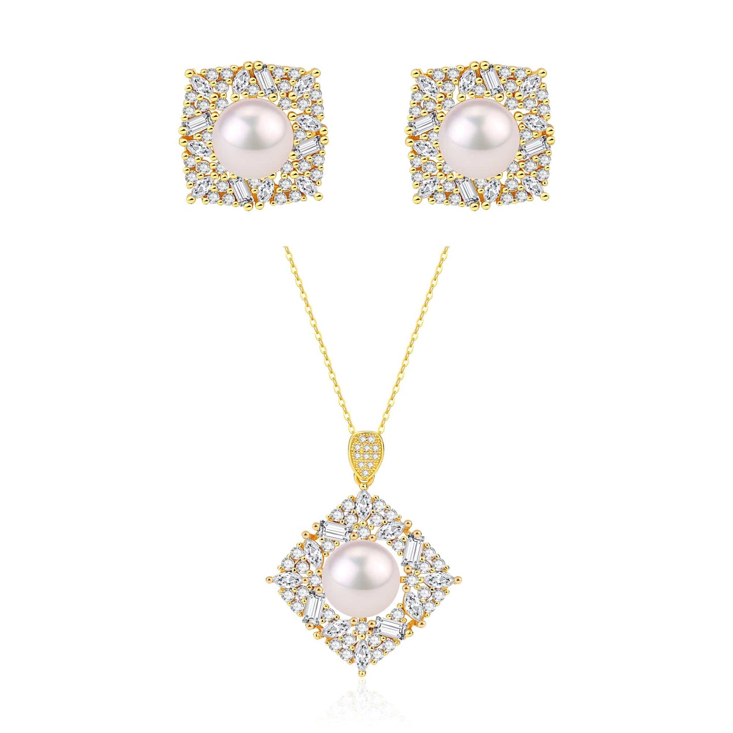 Square CZ Pendant White Freshwater Pearl Earrings