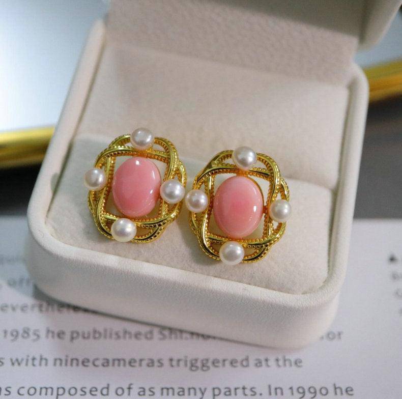 Square Pink Conch Shell Pearl Earrings in Gold Vermeil