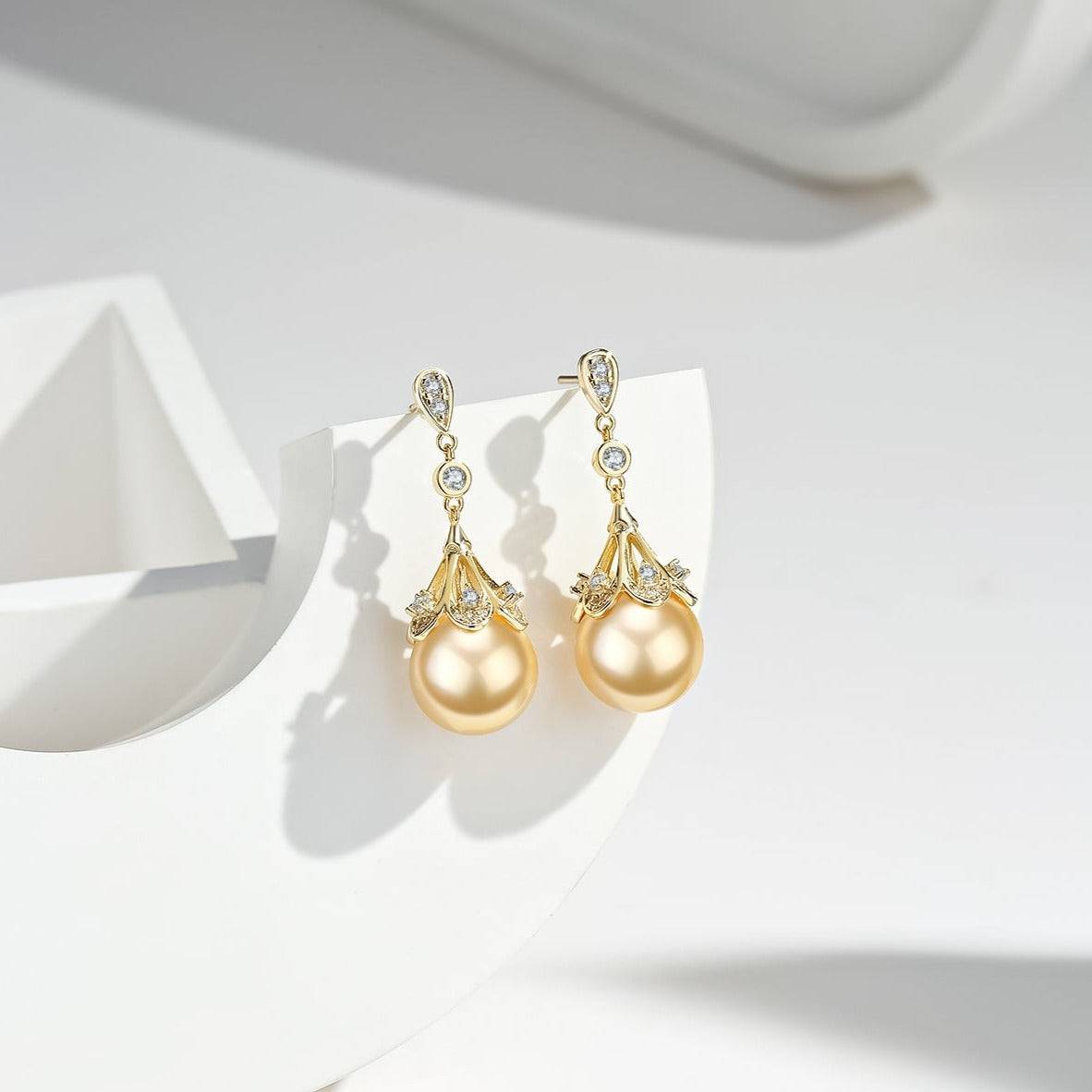 Golden South Sea Pearl and CZ Earrings 1