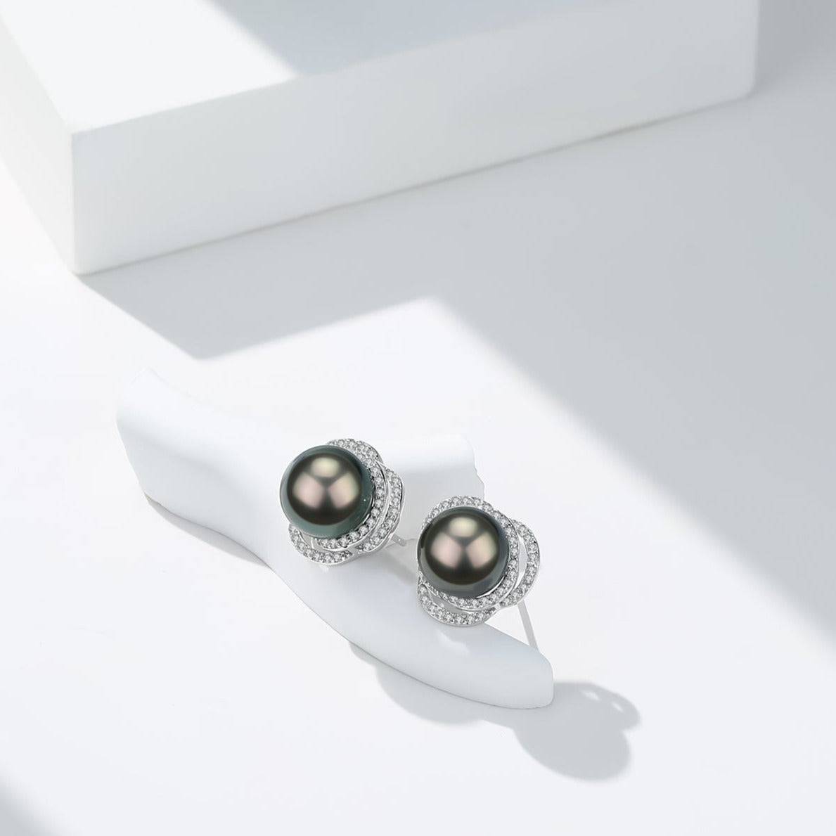 Sterling Silver Tahitian Pearl Rose Earrings with CZ