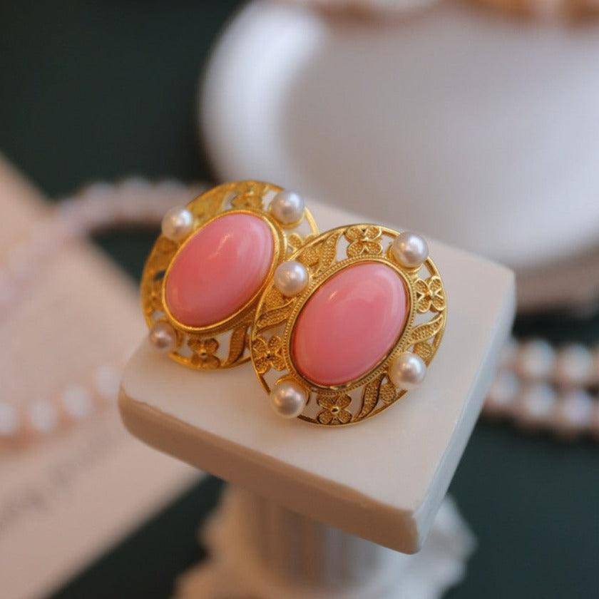 Elegant Pink Conch Shell Pearl Earrings in Gold Vermeil