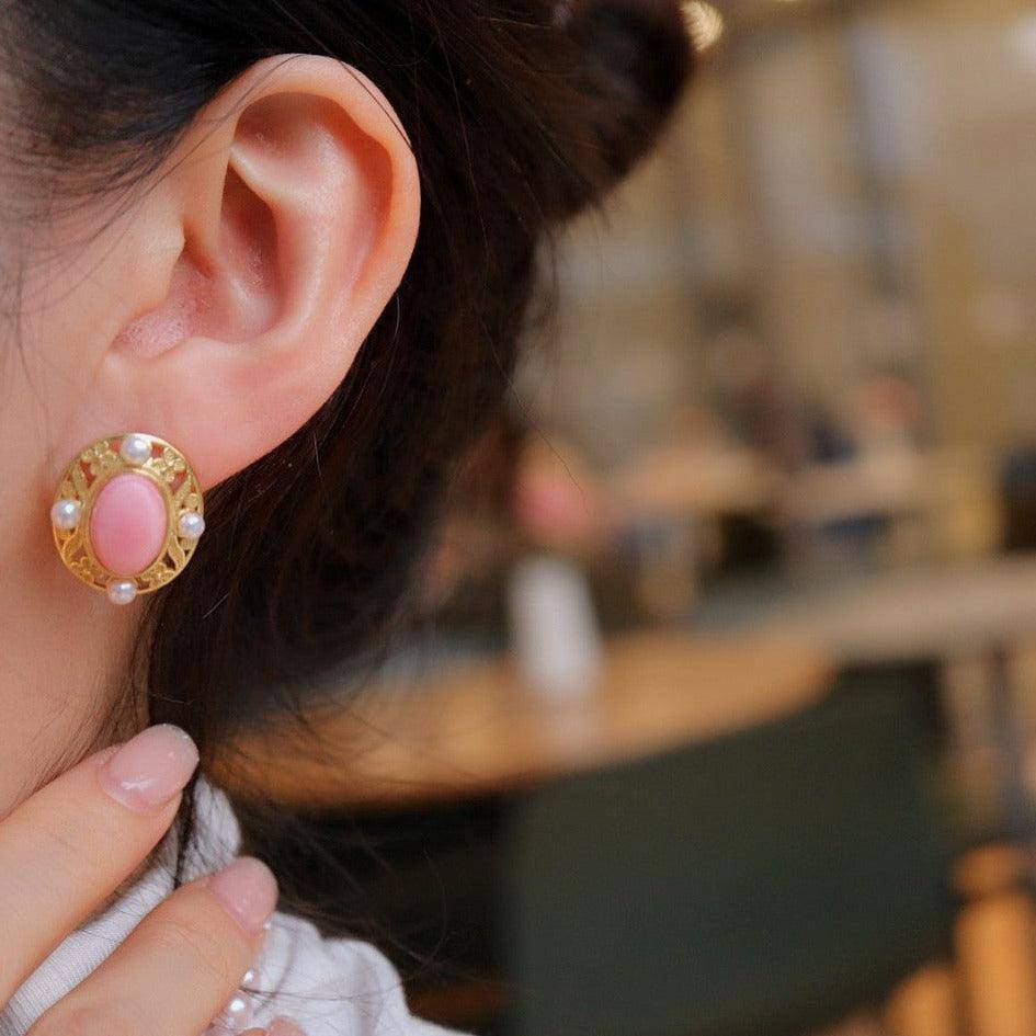 Elegant Pink Conch Shell Pearl Earrings in Gold Vermeil