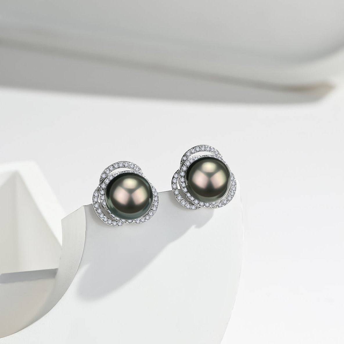 Sterling Silver Tahitian Pearl Rose Earrings with CZ