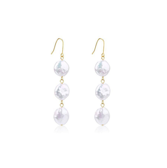 Triple Coin Design Pearl Drop Earrings