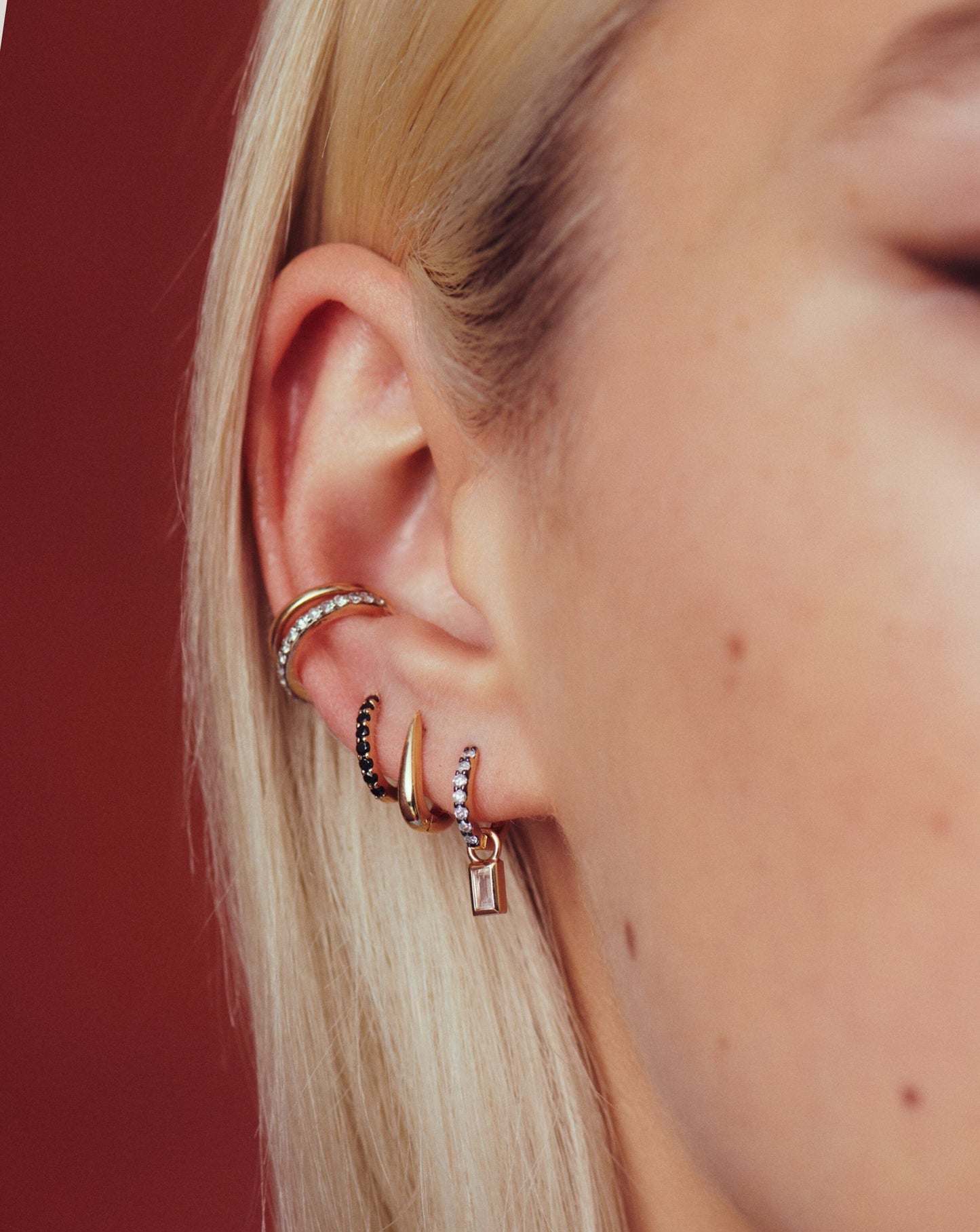 Square Charm Mini Hoop Earrings in Silver