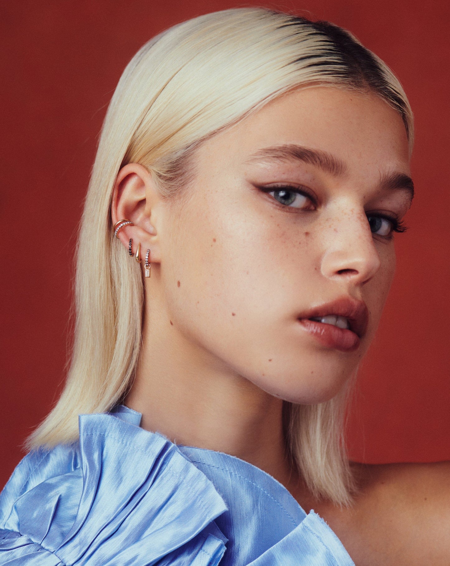 Square Charm Mini Hoop Earrings in Silver