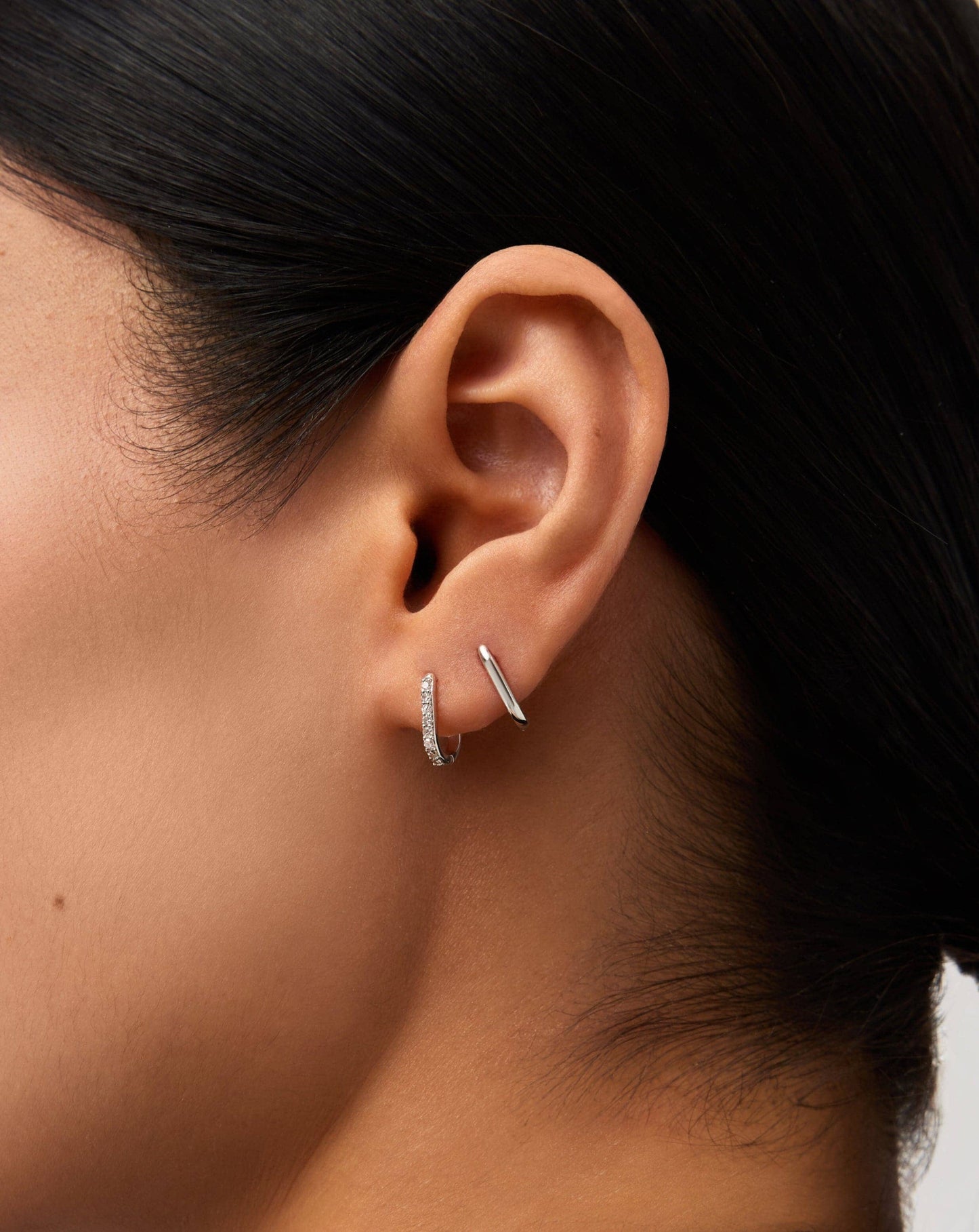 Ovate Mini Hoop Earrings in 14k White Gold and Diamonds