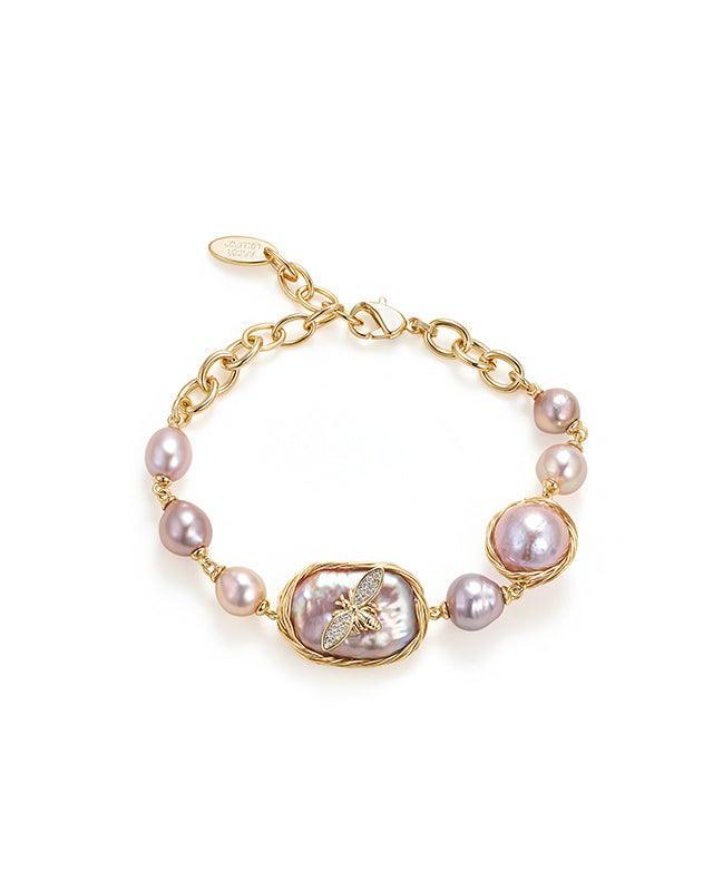 Baroque Pearl Bracelet with Golden Wing Design