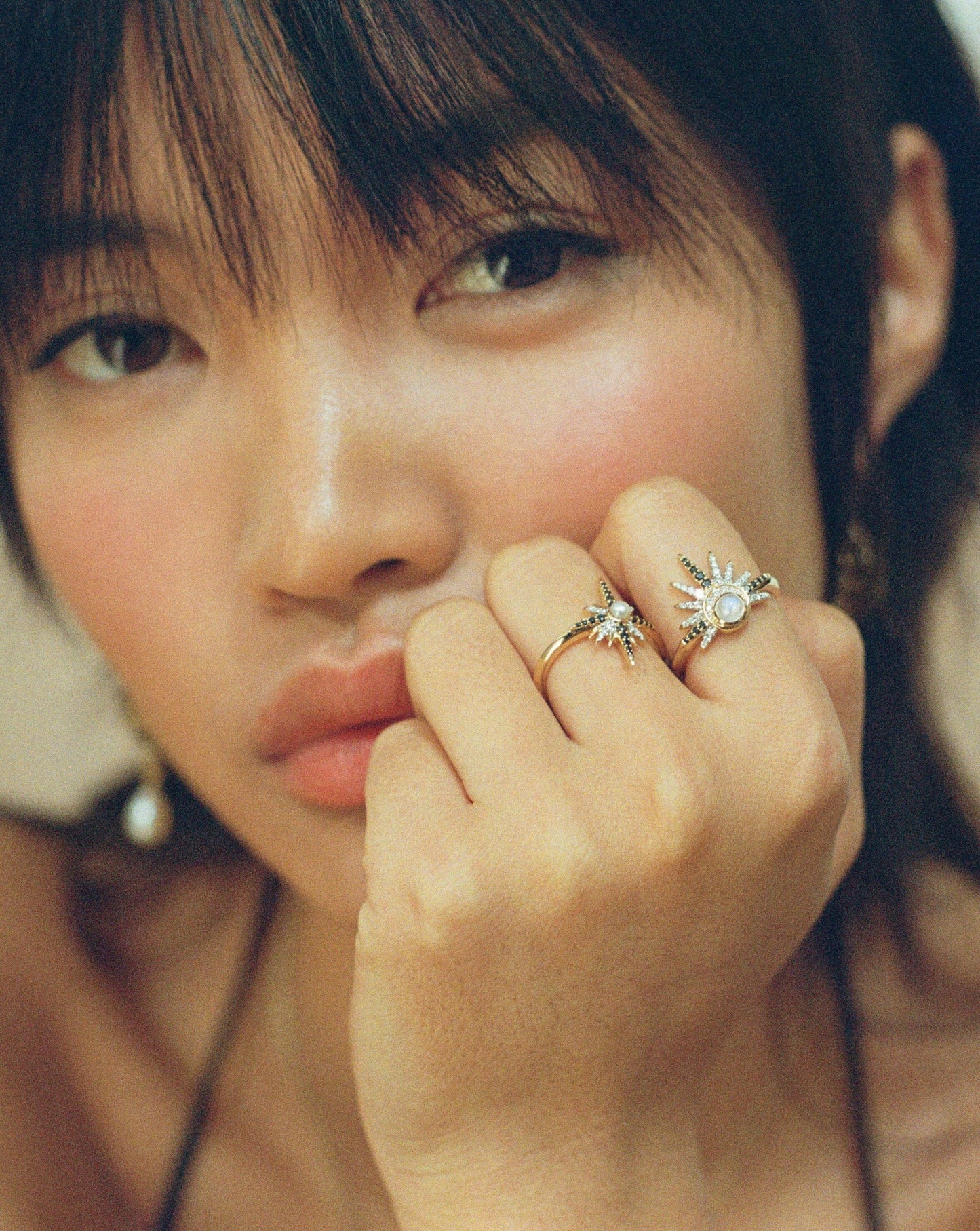 Celestial Ring with 14k Gold Rainbow Moonstone and Diamond