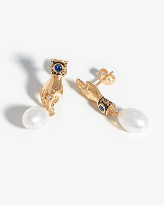 14k Gold Pearl and Blue Sapphire Drop Earrings