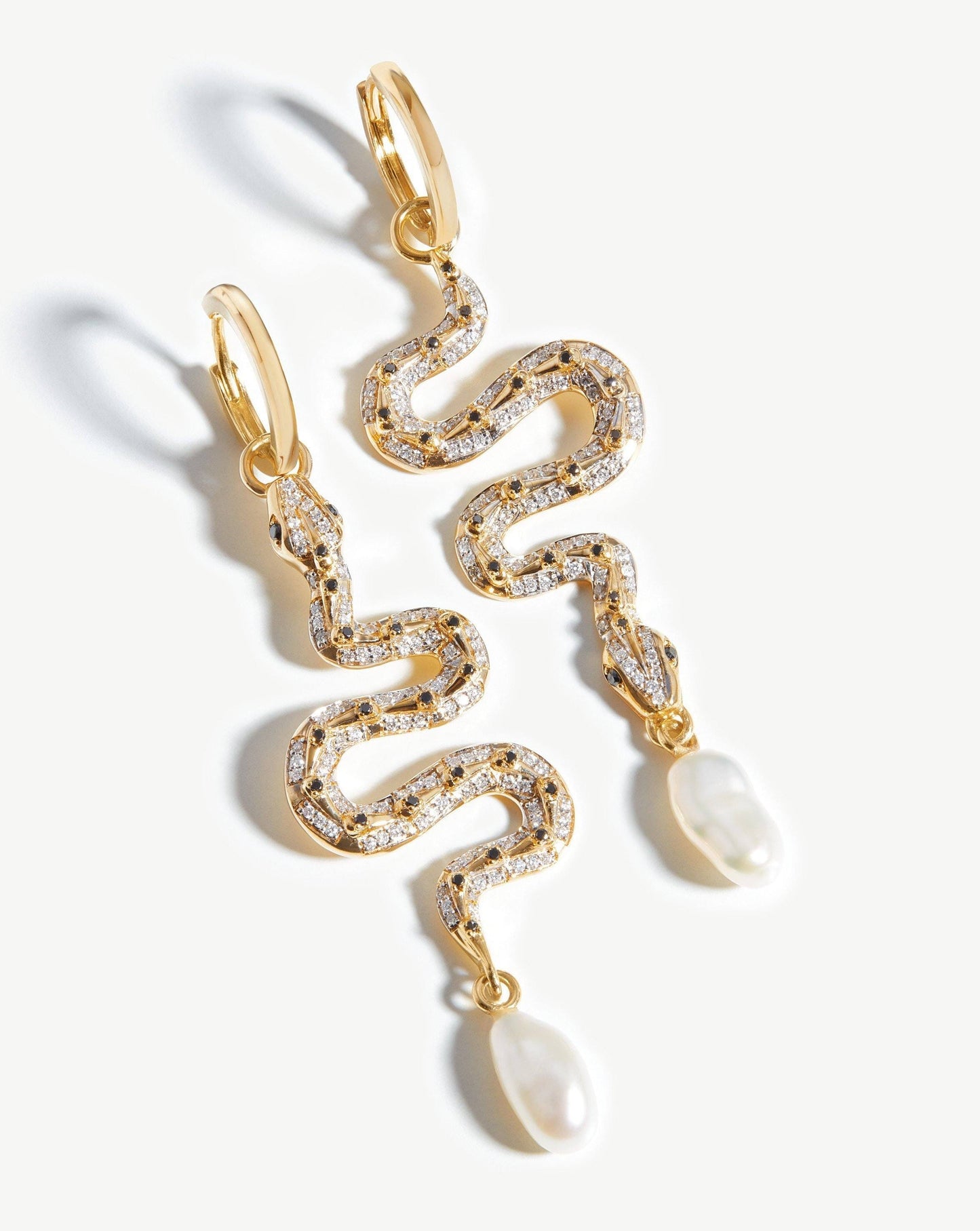 14k Solid Gold Pearl and Diamond Serpent Drop Earrings