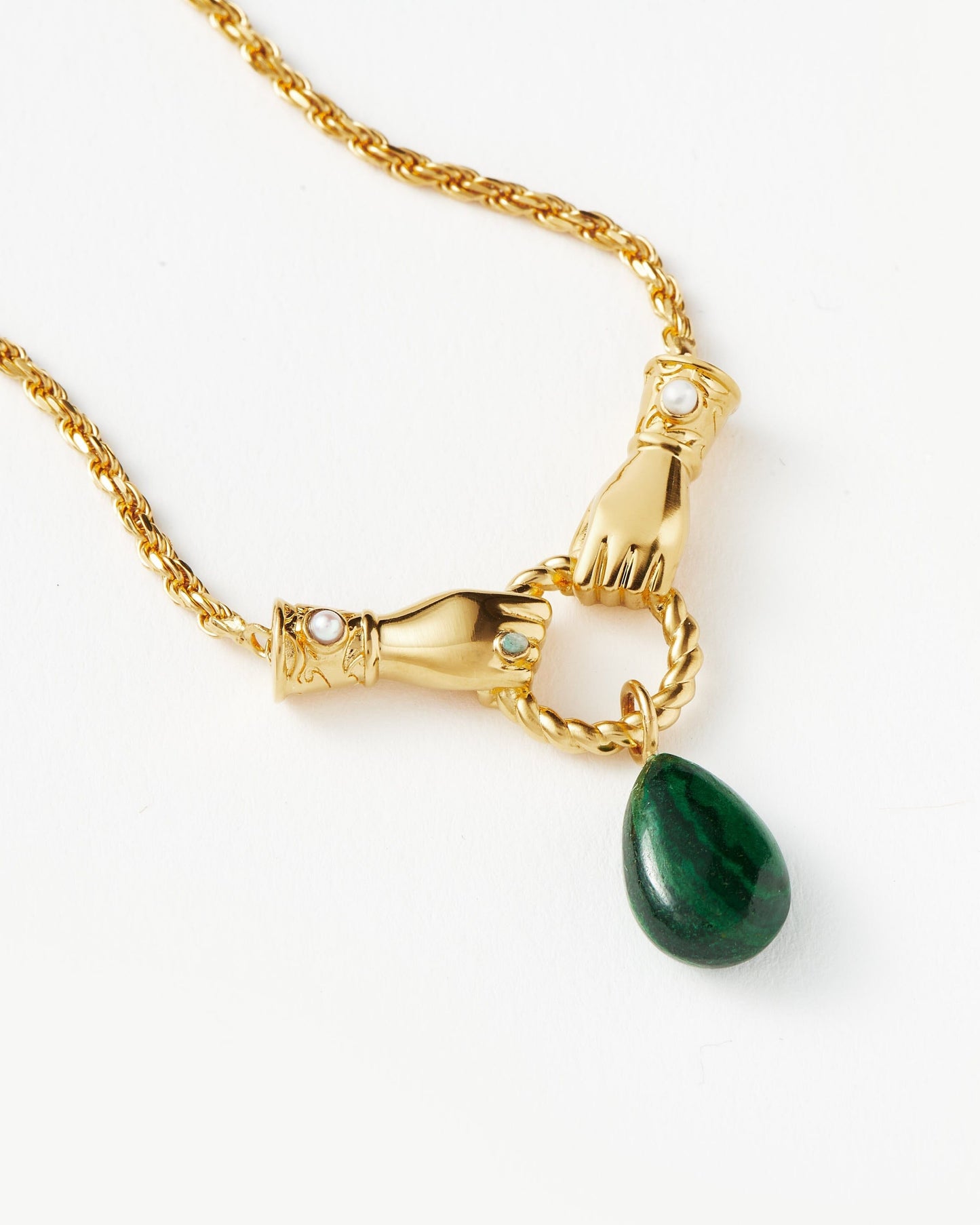 18k Gold Plated Malachite and Pearl Drop Pendant Necklace