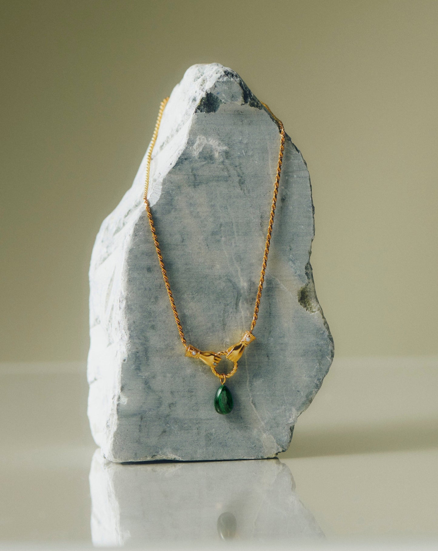 18k Gold Plated Malachite and Pearl Drop Pendant Necklace