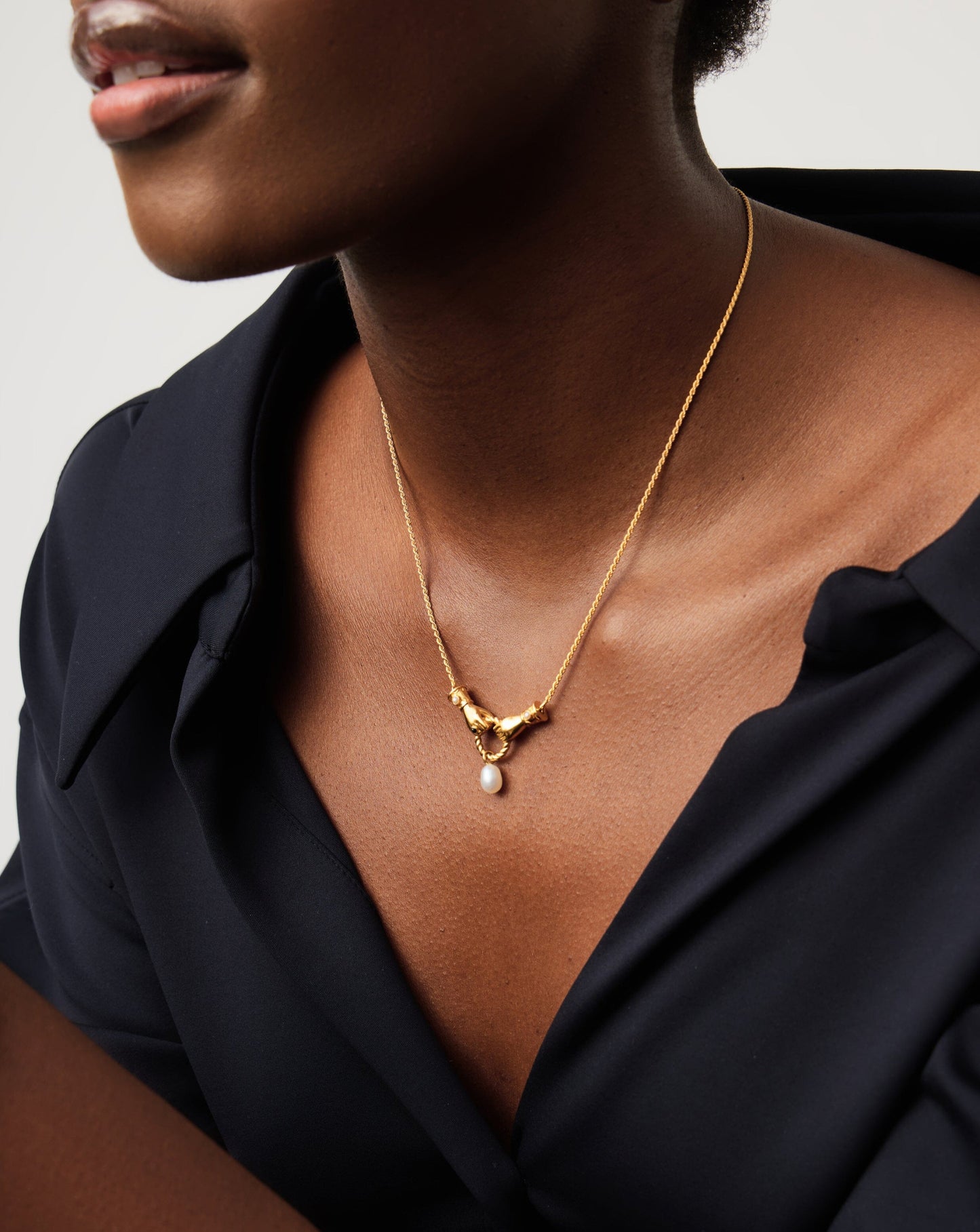 18k Gold Plated Drop Pendant Necklace with Pearl and Onyx