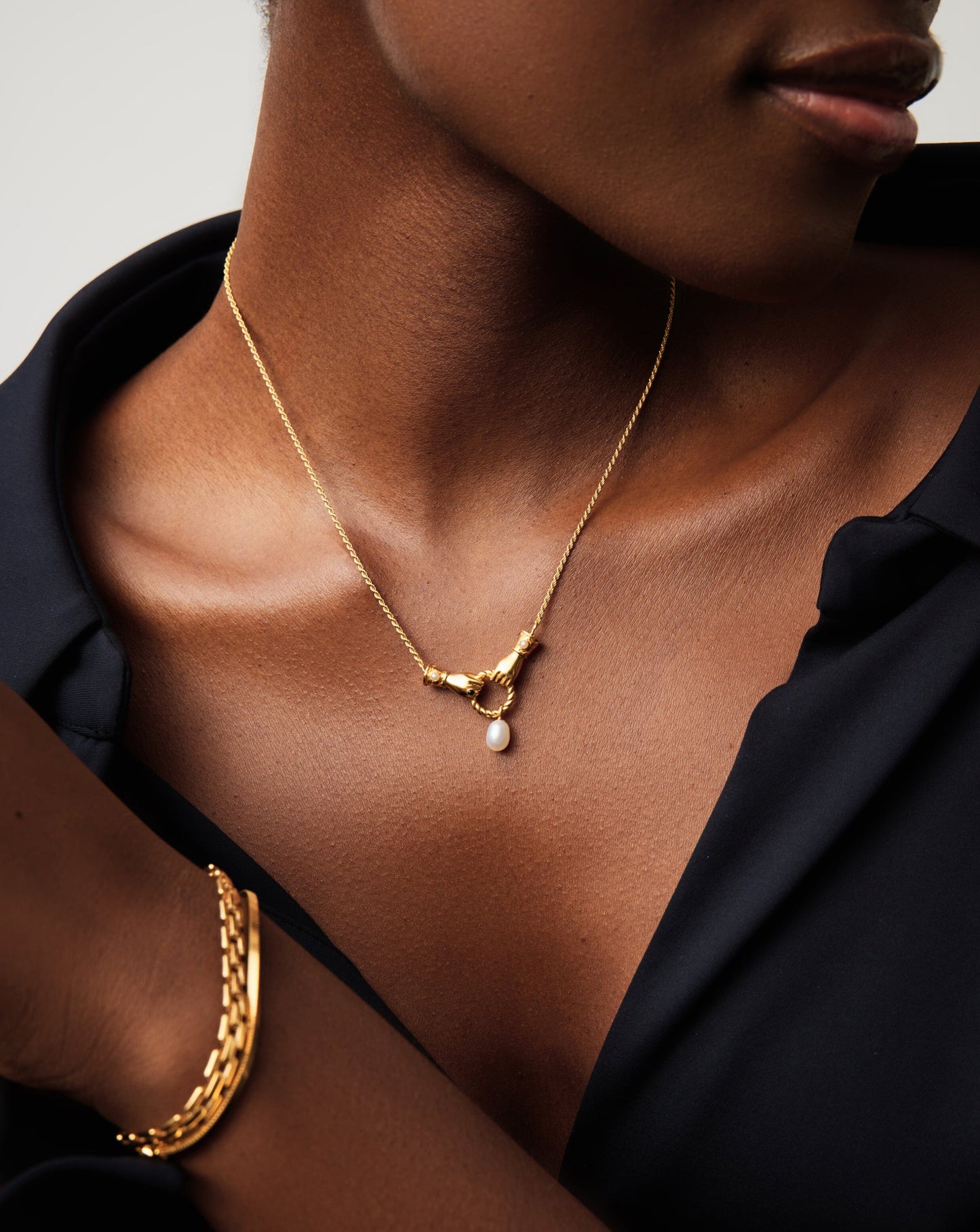 18k Gold Plated Drop Pendant Necklace with Pearl and Onyx