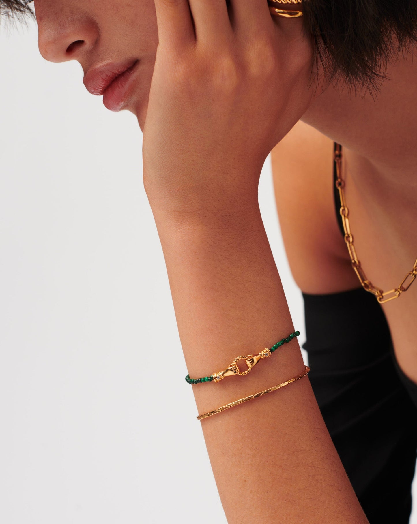 Mini Beaded Gemstone Bracelet in 18k Gold Plated Malachite