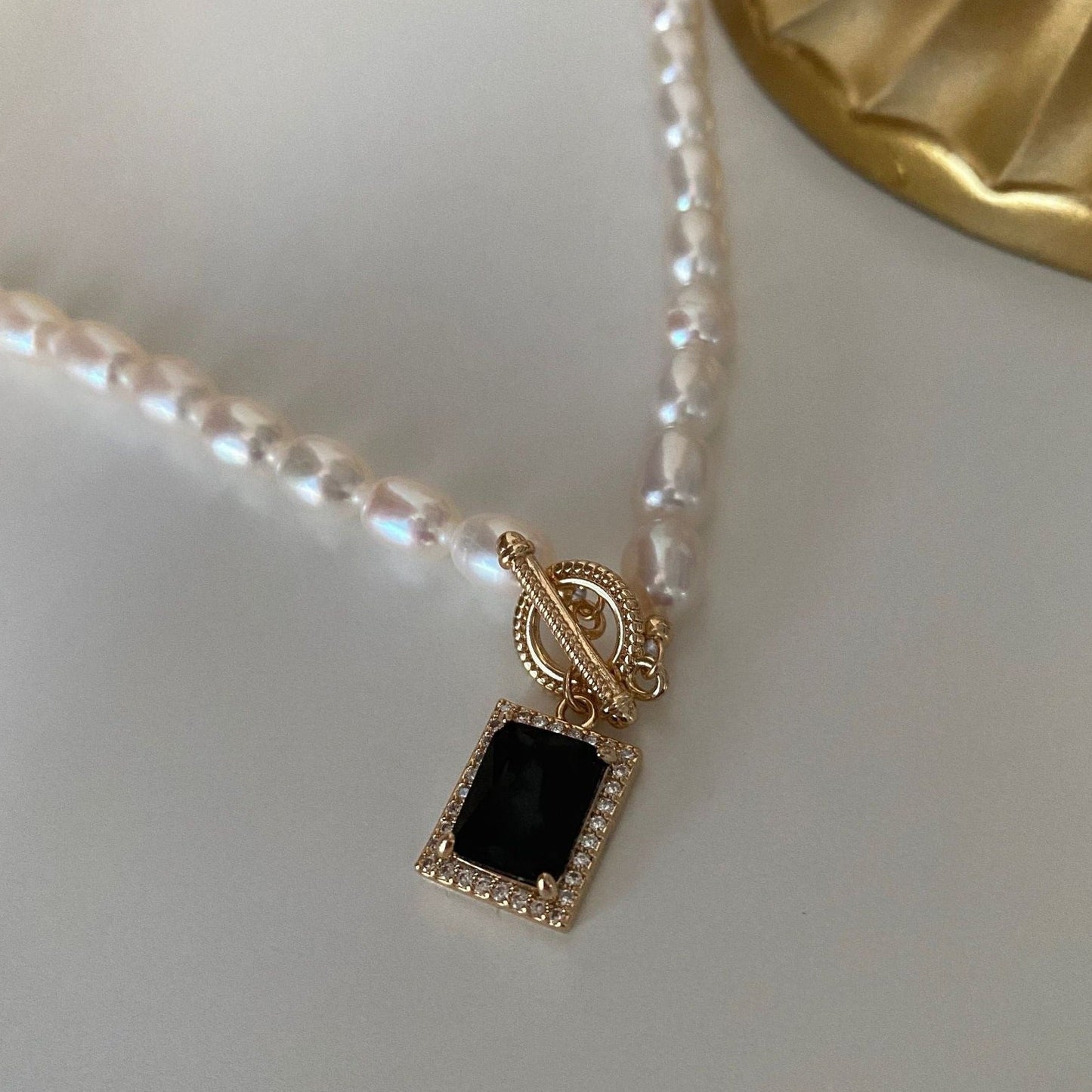 Square Pendant Necklace with Black Pearl Design