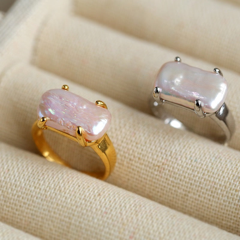 Rectangle Baroque Pearl Stacking Rings Set