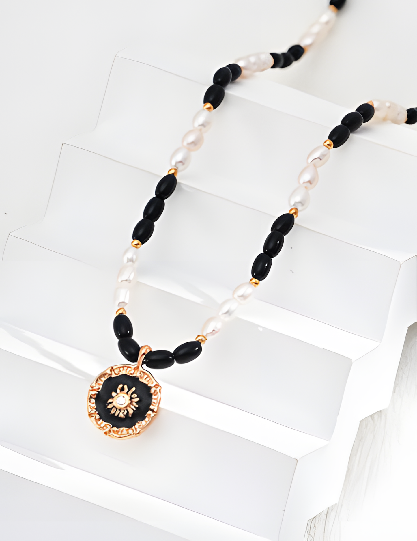 Natural Pearl and Black Onyx Pendant Necklace