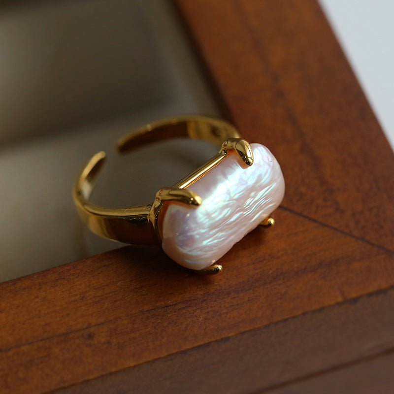 Rectangle Baroque Pearl Stacking Rings Set