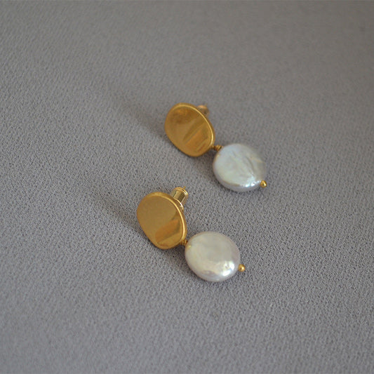 Pearl Earrings with Gold Button Design