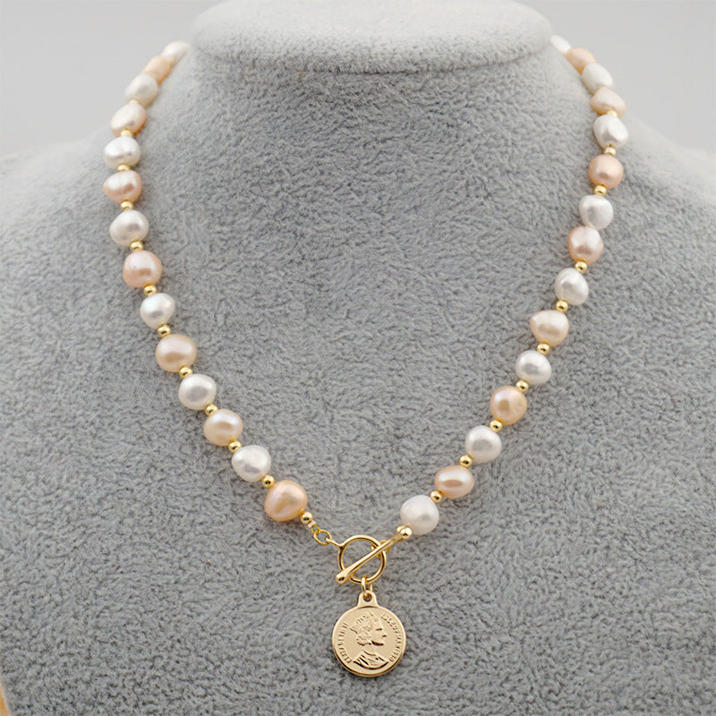 Coin Pendant Necklace with Pearl Accents