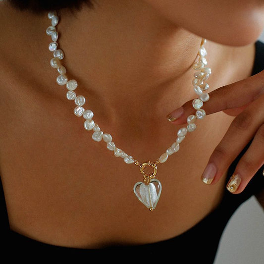 Heart Pendant Necklace with Petal Pearls Design