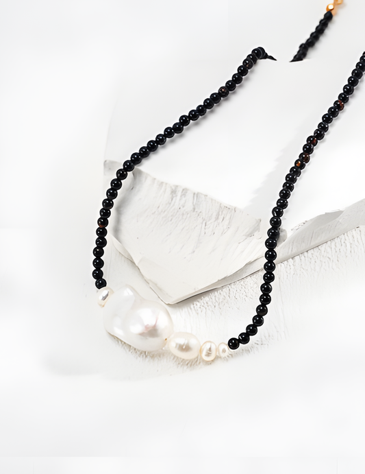 Natural Pearl Black Onyx Silver Necklace