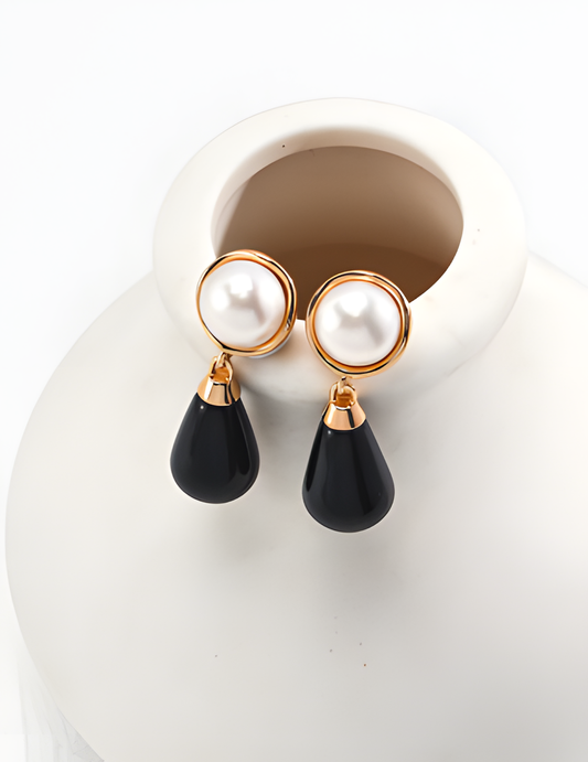 Pearl and Onyx Sterling Silver Earrings