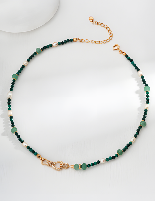 Silver Green Aventurine Malachite Pearl Necklace