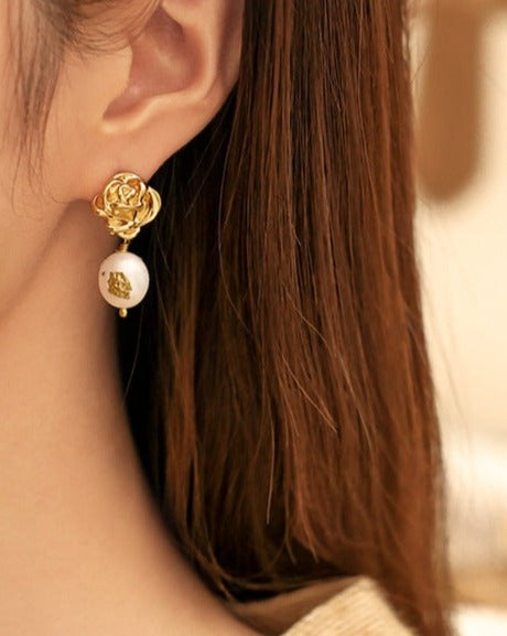 Gold Foil Earrings in Rose Flower Design