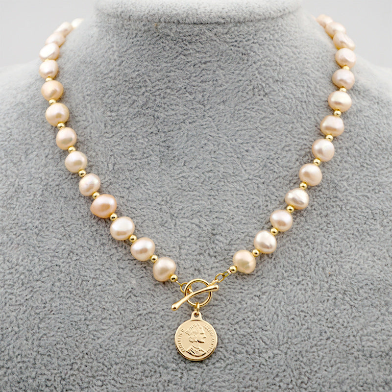 Coin Pendant Necklace with Pearl Accents