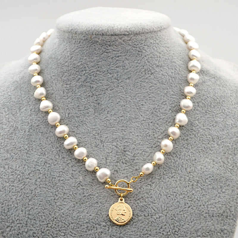 Coin Pendant Necklace with Pearl Accents