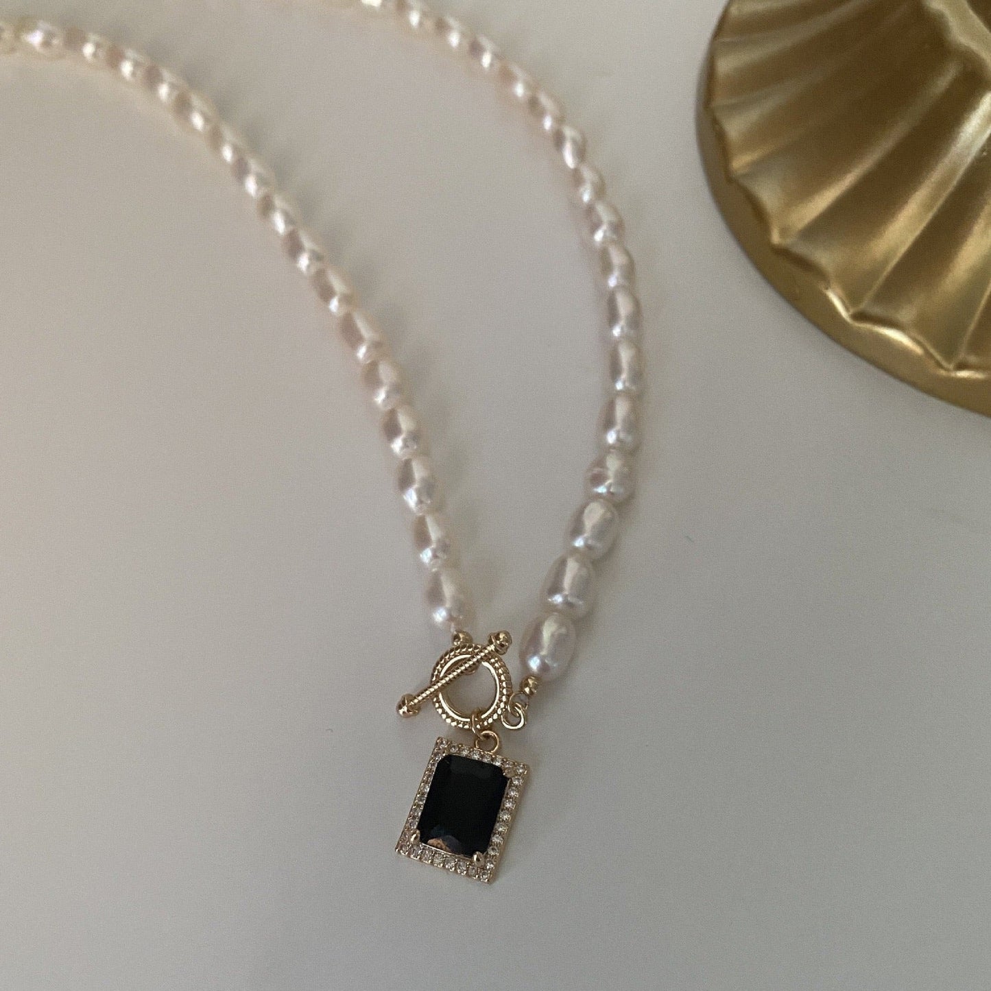 Square Pendant Necklace with Black Pearl Design