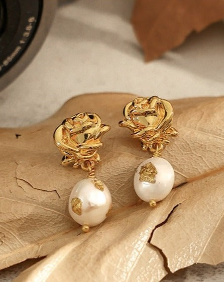 Gold Foil Earrings in Rose Flower Design