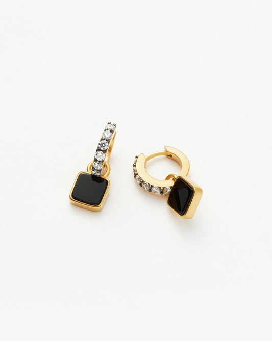 Black Onyx Charm Hoop Earrings in Gold Vermeil