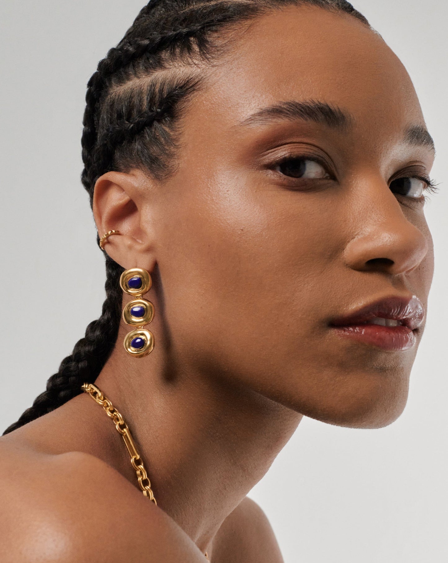 Triple Charm Drop Earrings in Gold Plated Lapis