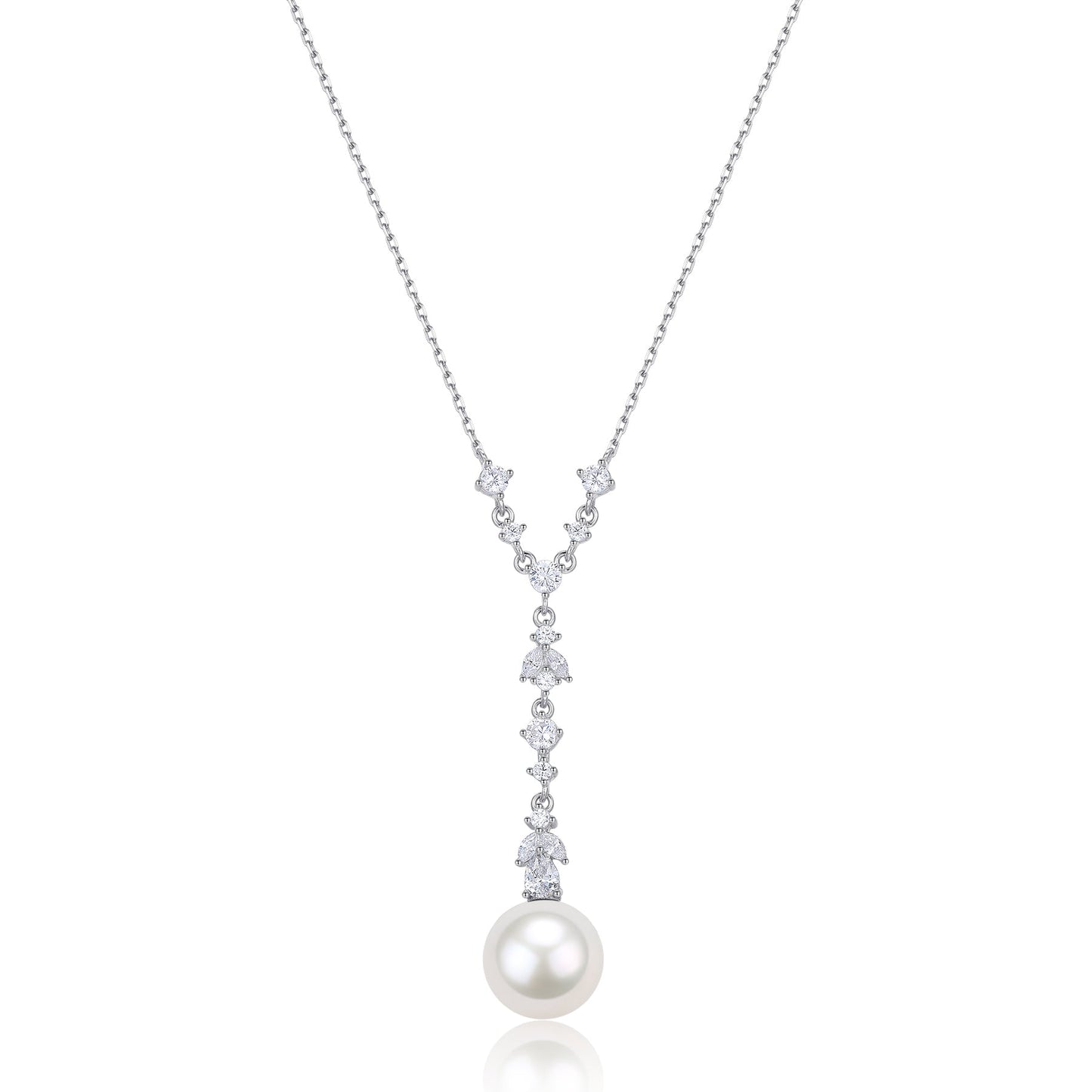 Y-Shape Necklace with White Freshwater Pearls and Cubic Zirconia