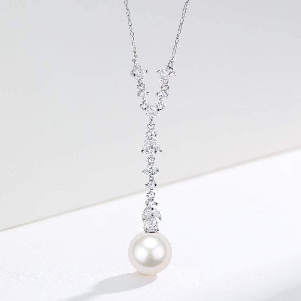 Y-Shape Necklace with White Freshwater Pearls and Cubic Zirconia