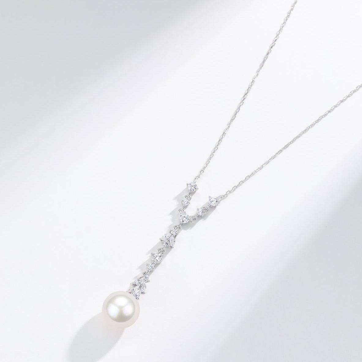 Y-Shape Necklace with White Freshwater Pearls and Cubic Zirconia