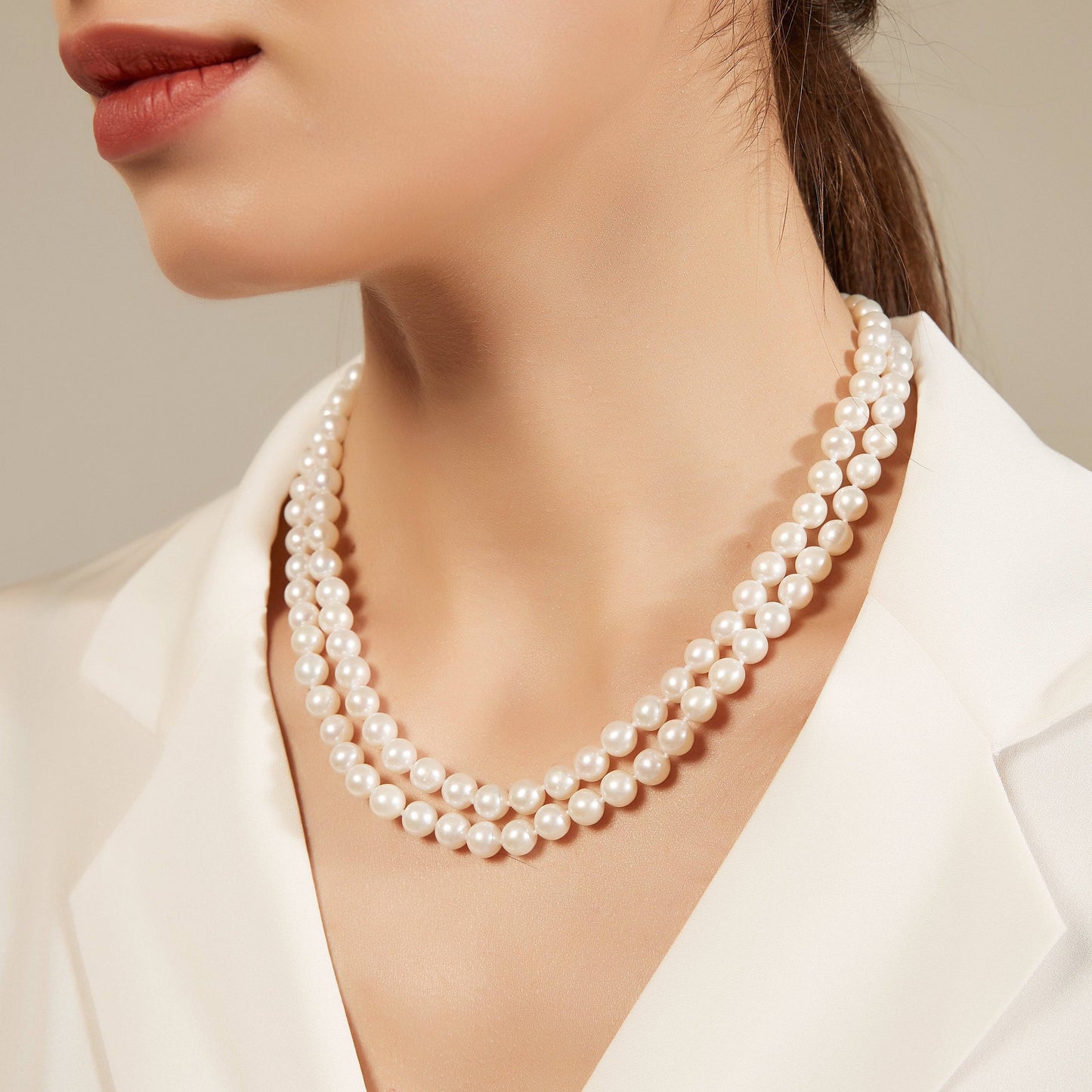 Double Strand White Freshwater Pearl Necklace 7.5-8.0mm